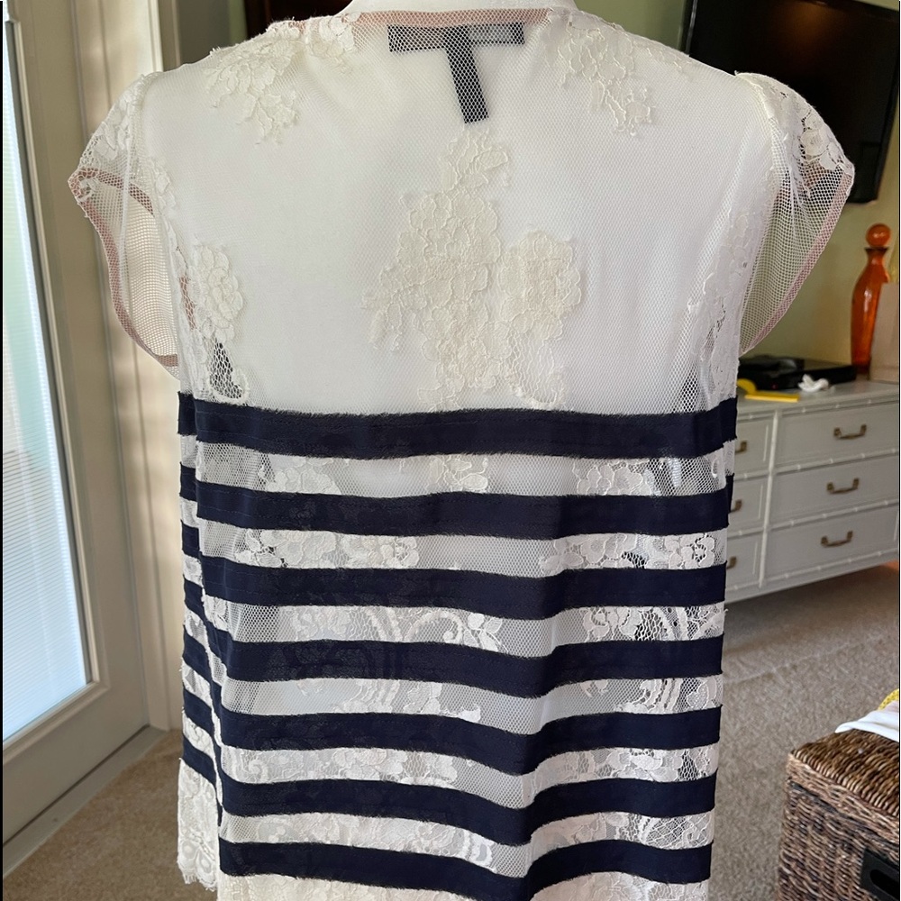 BCBG lace top, off white and navy